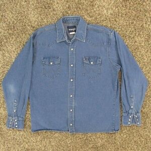 Wrangler Vintage Denim Shirt Men's 17.5 Tall Western Pearl Snap Long Sleeve Jean